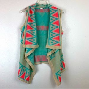 B Sharp Small Neon Aztec Waterfall Open Front Vest Cardigan Mohair soft